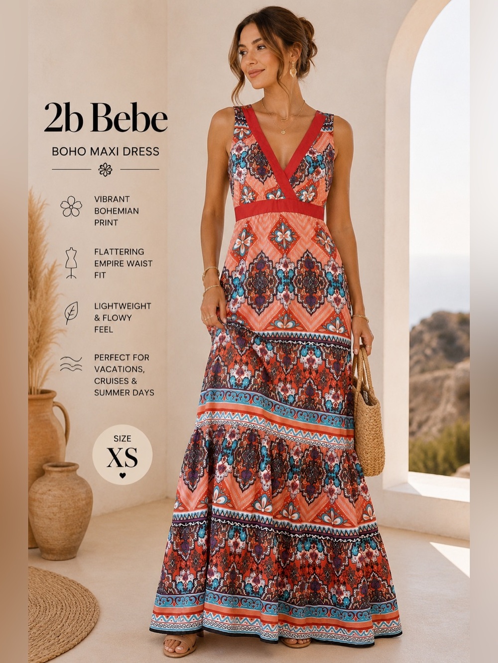 💃🏼 2b Bebe Boho Maxi Dress | Colorful Resort Print Mermaid Hem Dress | XS